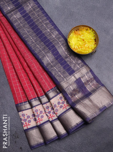 Assam silk saree pink and blue with allover zari checked pattern and rettapet zari woven floral printed border