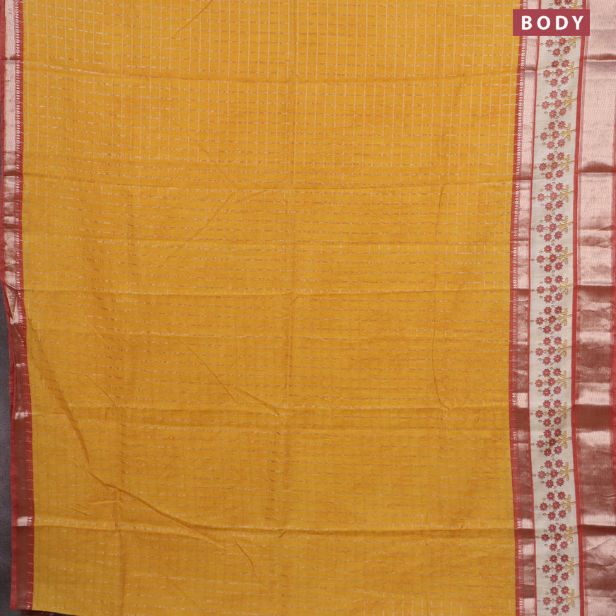 Assam silk saree mango yellow and rust shade with allover zari checked pattern and rettapet zari woven floral printed border