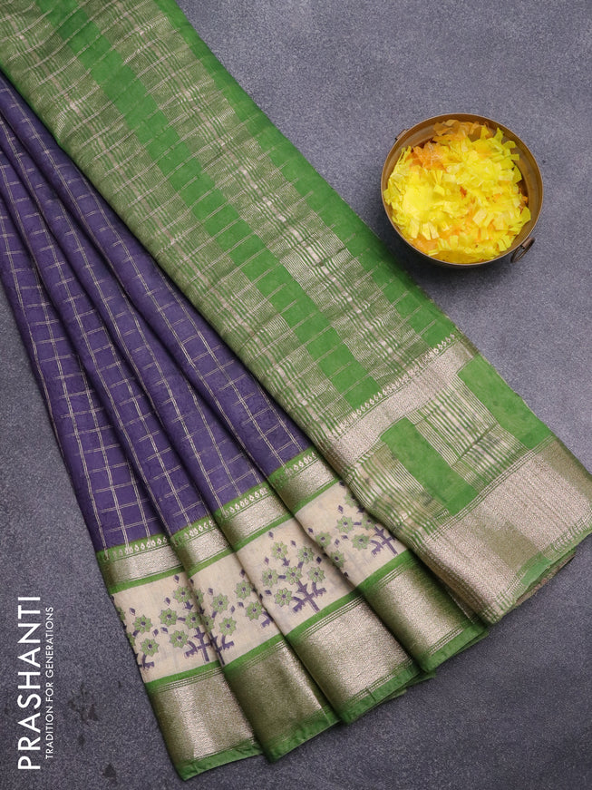 Assam silk saree blue and green with allover zari checked pattern and rettapet zari woven floral printed border