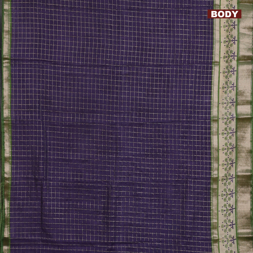 Assam silk saree blue and green with allover zari checked pattern and rettapet zari woven floral printed border