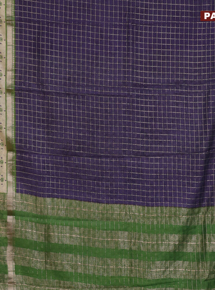 Assam silk saree blue and green with allover zari checked pattern and rettapet zari woven floral printed border