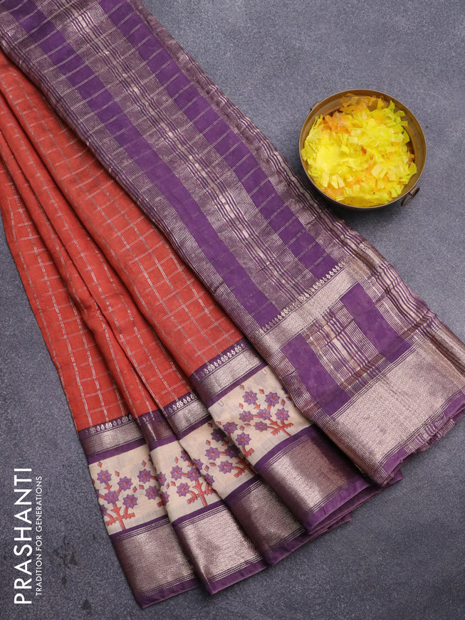 Assam silk saree rust shade and violet shade with allover zari checked pattern and rettapet zari woven floral printed border