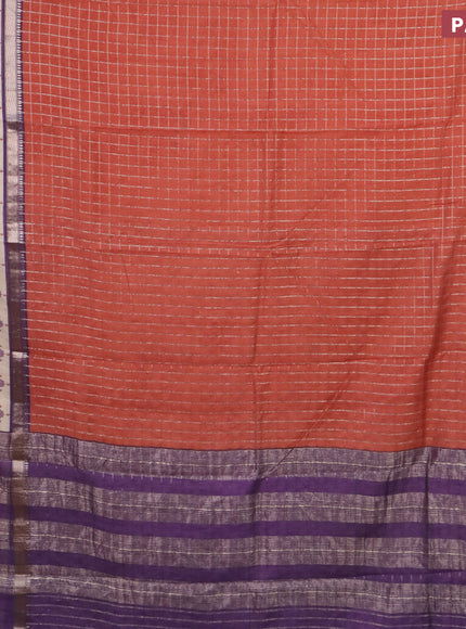 Assam silk saree rust shade and violet shade with allover zari checked pattern and rettapet zari woven floral printed border