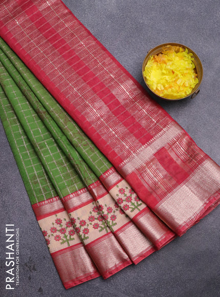 Assam silk saree green and red with allover zari checked pattern and rettapet zari woven floral printed border