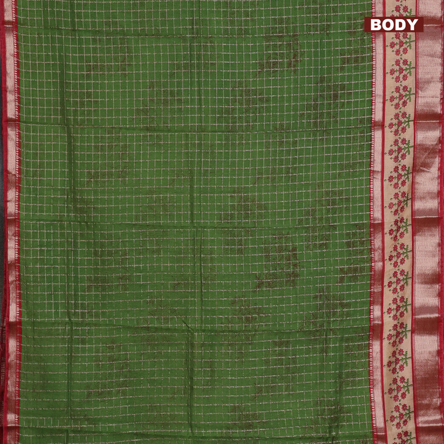 Assam silk saree green and red with allover zari checked pattern and rettapet zari woven floral printed border