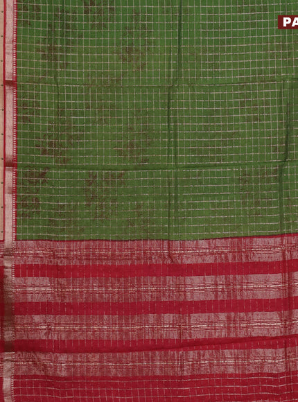 Assam silk saree green and red with allover zari checked pattern and rettapet zari woven floral printed border