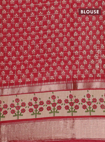 Assam silk saree green and red with allover zari checked pattern and rettapet zari woven floral printed border