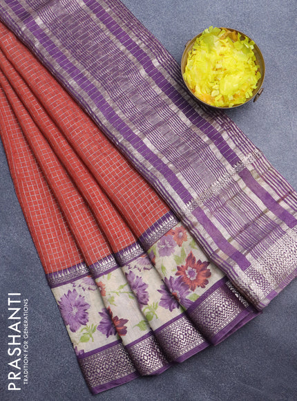 Assam silk saree orange and violet shade with allover zari checked pattern & prints and rettapet zari woven floral printed border