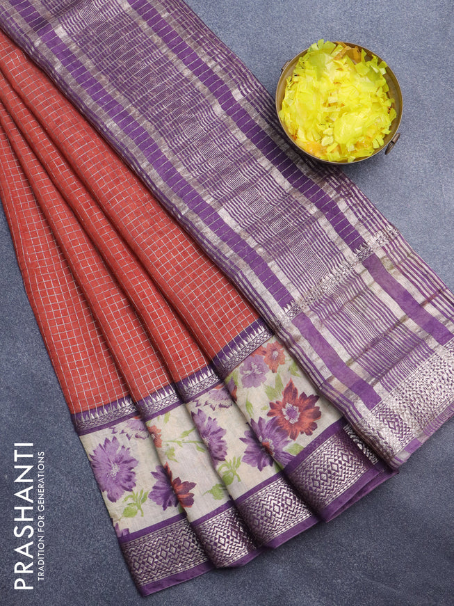 Assam silk saree orange and violet shade with allover zari checked pattern & prints and rettapet zari woven floral printed border