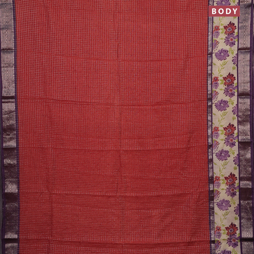 Assam silk saree orange and violet shade with allover zari checked pattern & prints and rettapet zari woven floral printed border