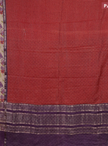 Assam silk saree orange and violet shade with allover zari checked pattern & prints and rettapet zari woven floral printed border