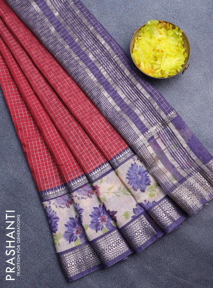 Assam silk saree red and blue with allover zari checked pattern & prints and rettapet zari woven floral printed border