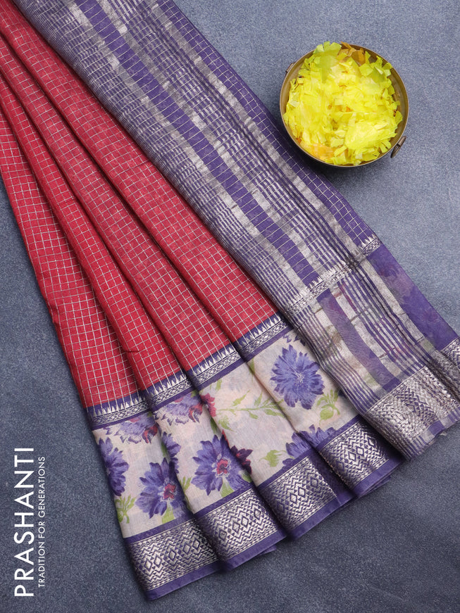 Assam silk saree red and blue with allover zari checked pattern & prints and rettapet zari woven floral printed border