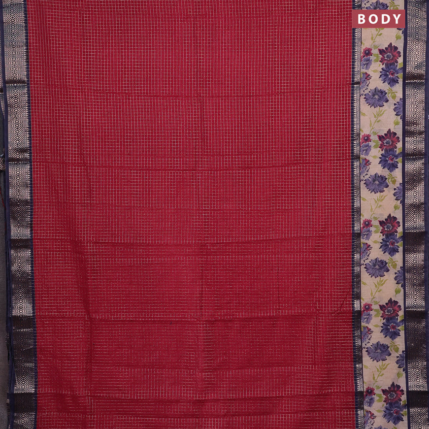 Assam silk saree red and blue with allover zari checked pattern & prints and rettapet zari woven floral printed border