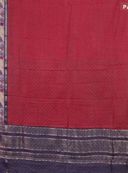 Assam silk saree red and blue with allover zari checked pattern & prints and rettapet zari woven floral printed border