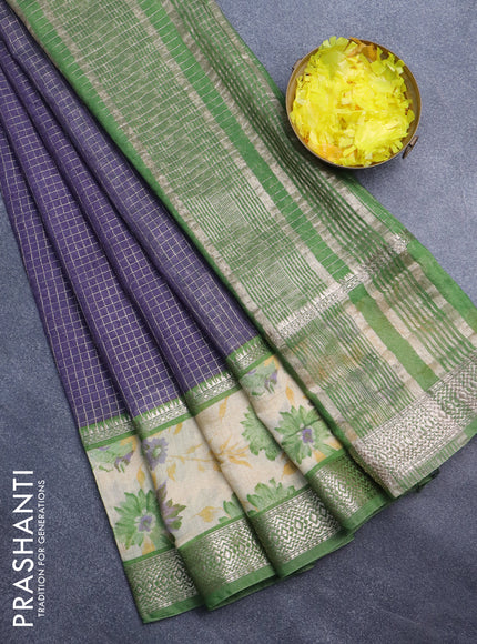 Assam silk saree blue and green with allover zari checked pattern & prints and rettapet zari woven floral printed border