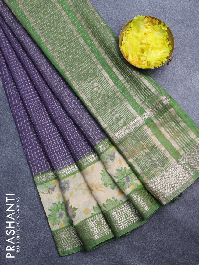 Assam silk saree blue and green with allover zari checked pattern & prints and rettapet zari woven floral printed border