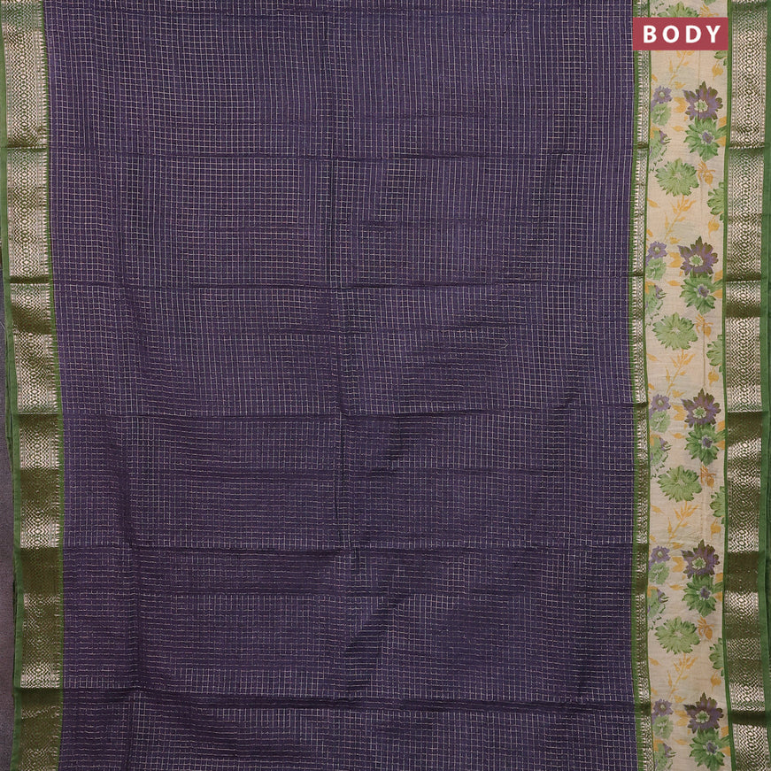 Assam silk saree blue and green with allover zari checked pattern & prints and rettapet zari woven floral printed border