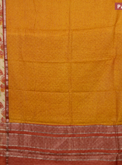 Assam silk saree mustard yellow and red shade with allover zari checked pattern & prints and rettapet zari woven floral printed border