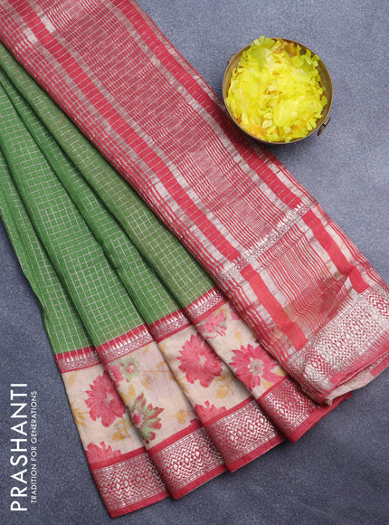 Assam silk saree green and red with allover zari checked pattern and rettapet zari woven floral printed border