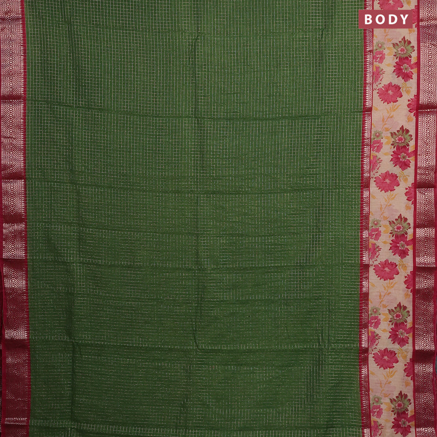 Assam silk saree green and red with allover zari checked pattern and rettapet zari woven floral printed border