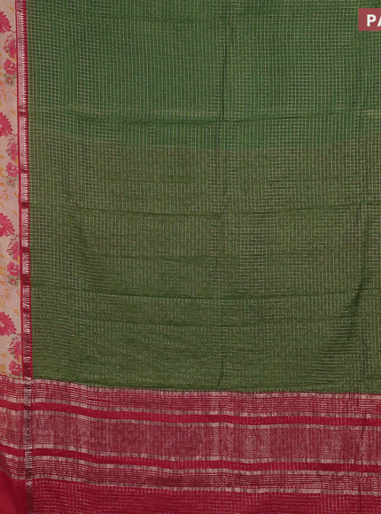 Assam silk saree green and red with allover zari checked pattern and rettapet zari woven floral printed border