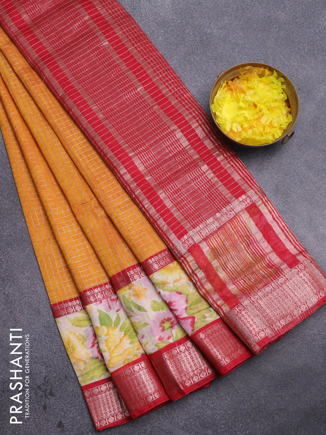 Assam silk saree mustard yellow and red with allover zari checked pattern and rettapet zari woven floral printed border