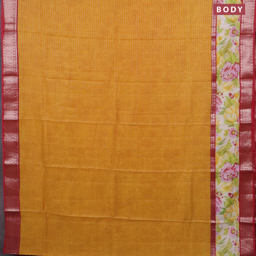 Assam silk saree mustard yellow and red with allover zari checked pattern and rettapet zari woven floral printed border