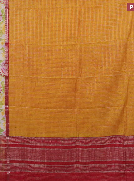 Assam silk saree mustard yellow and red with allover zari checked pattern and rettapet zari woven floral printed border