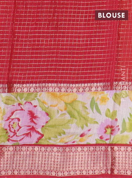 Assam silk saree mustard yellow and red with allover zari checked pattern and rettapet zari woven floral printed border