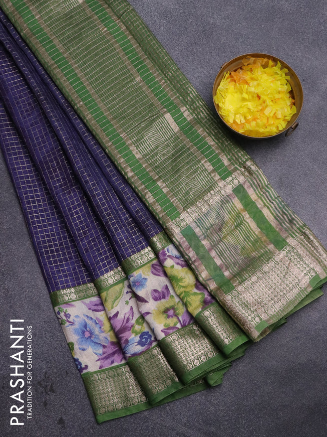 Assam silk saree blue and green with allover zari checked pattern and rettapet zari woven floral printed border