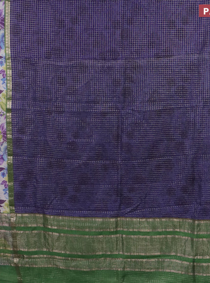 Assam silk saree blue and green with allover zari checked pattern and rettapet zari woven floral printed border