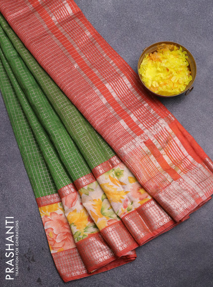 Assam silk saree green and orange with allover zari checked pattern and rettapet zari woven floral printed border