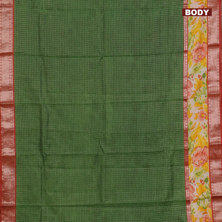 Assam silk saree green and orange with allover zari checked pattern and rettapet zari woven floral printed border