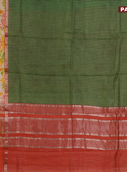 Assam silk saree green and orange with allover zari checked pattern and rettapet zari woven floral printed border