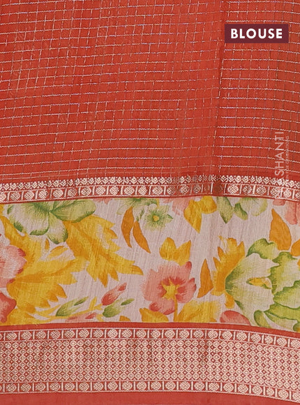 Assam silk saree green and orange with allover zari checked pattern and rettapet zari woven floral printed border