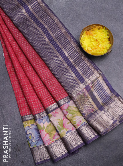 Assam silk saree pink and blue with allover zari checked pattern and rettapet zari woven floral printed border