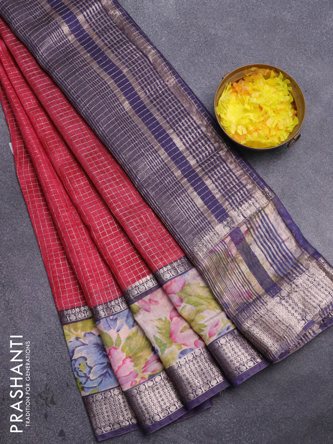 Assam silk saree pink and blue with allover zari checked pattern and rettapet zari woven floral printed border