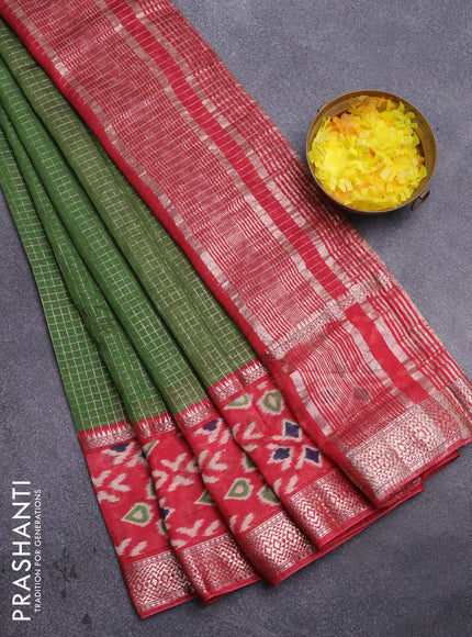 Assam silk saree green and red with allover zari checked pattern and rettapet zari woven ikat printed border