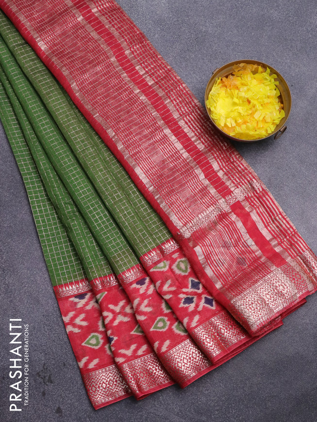 Assam silk saree green and red with allover zari checked pattern and rettapet zari woven ikat printed border