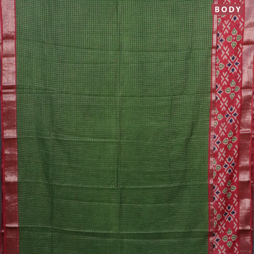 Assam silk saree green and red with allover zari checked pattern and rettapet zari woven ikat printed border