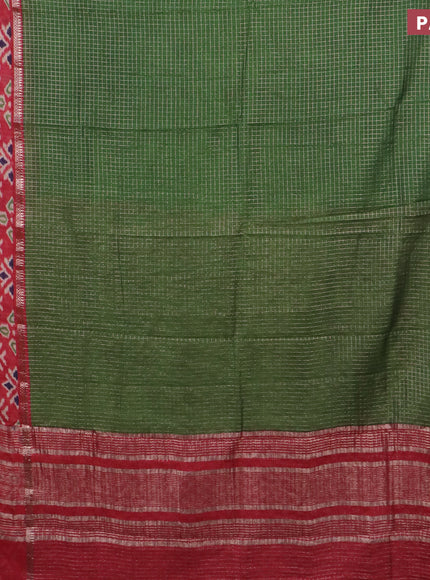 Assam silk saree green and red with allover zari checked pattern and rettapet zari woven ikat printed border