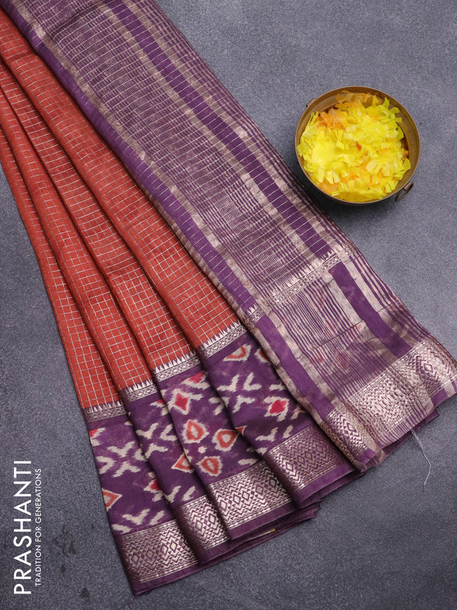 Assam silk saree rustic orange and violet shade with allover zari checked pattern and rettapet zari woven ikat printed border