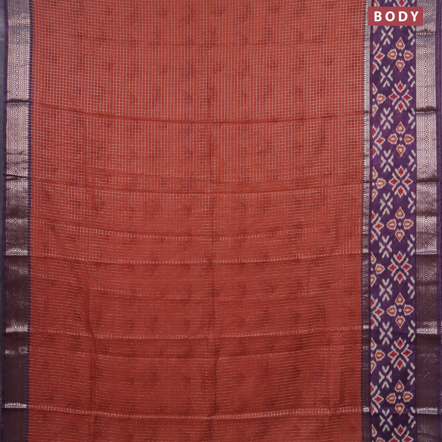 Assam silk saree rustic orange and violet shade with allover zari checked pattern and rettapet zari woven ikat printed border