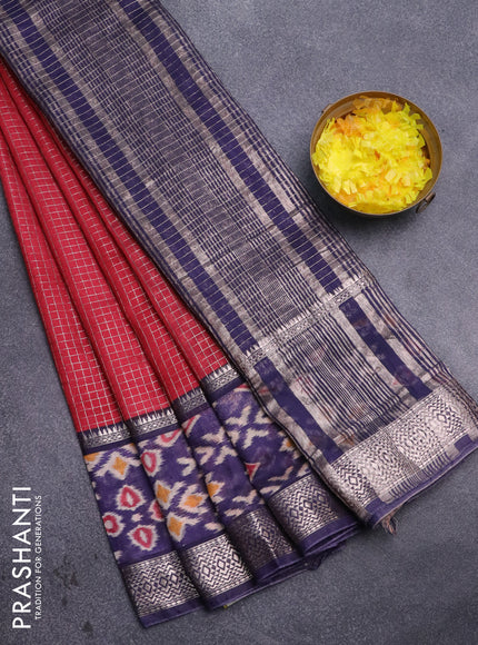 Assam silk saree red and blue with allover zari checked pattern and rettapet zari woven ikat printed border