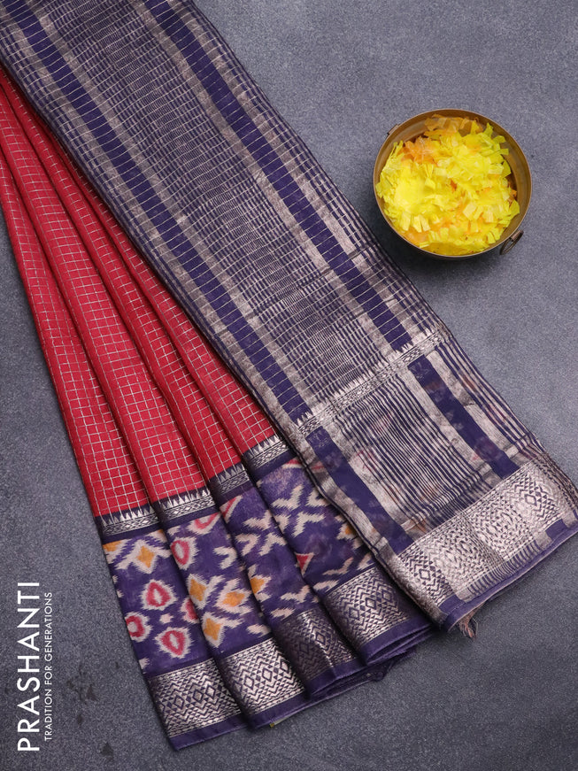 Assam silk saree red and blue with allover zari checked pattern and rettapet zari woven ikat printed border