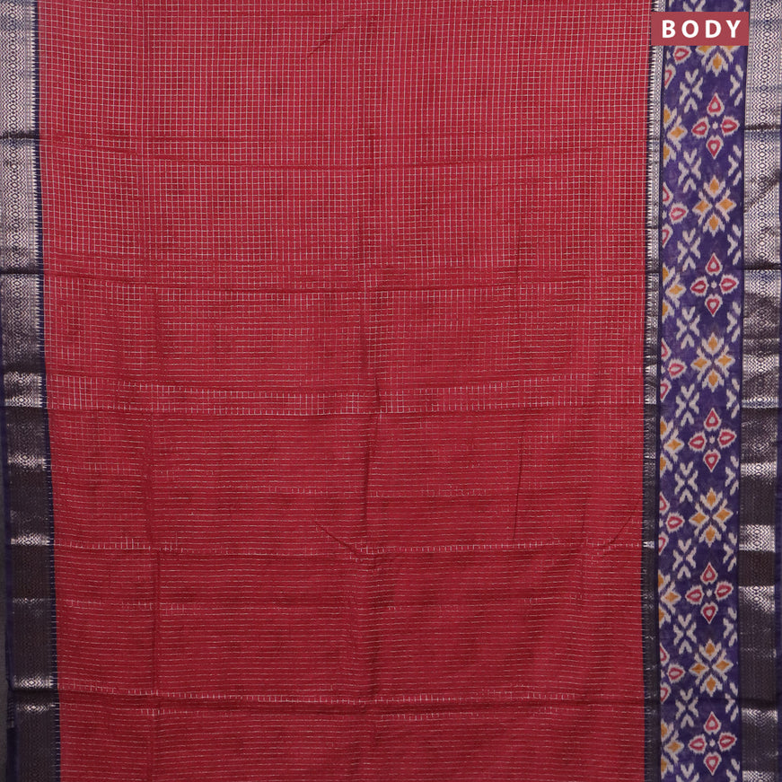 Assam silk saree red and blue with allover zari checked pattern and rettapet zari woven ikat printed border