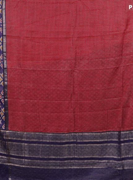 Assam silk saree red and blue with allover zari checked pattern and rettapet zari woven ikat printed border