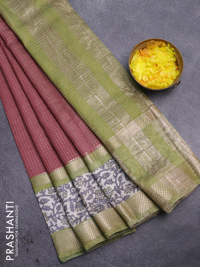 Assam silk saree pastel brown and pastel green with allover zari checked pattern and rettapet zari woven floral printed border