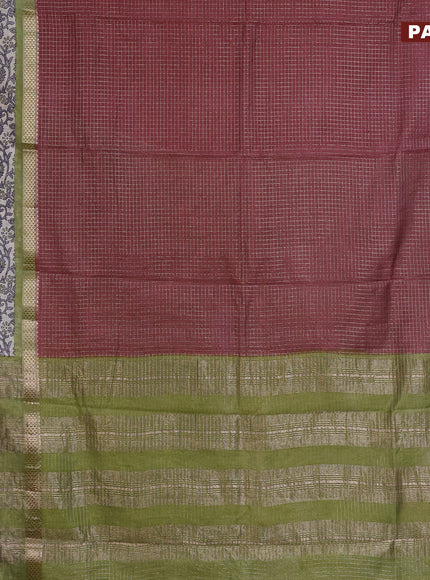 Assam silk saree pastel brown and pastel green with allover zari checked pattern and rettapet zari woven floral printed border